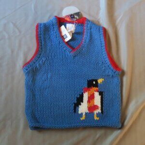 BabyGAP Blue & Red Knit by Hand Sweater Vest w/Penguin  Size 3xl NWT